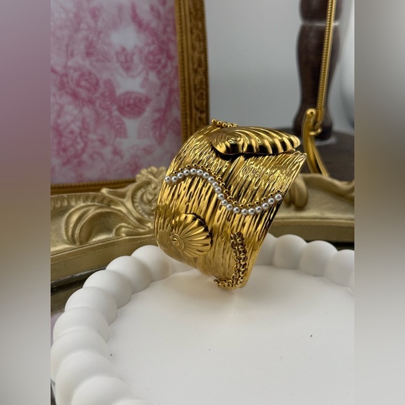Anthropologie Gold Textured Cuff Bracelet with Pearl Detail - Picture 8 of 16